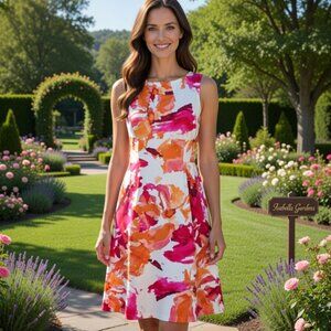 Calvin Klein I Paint Splatter Abstract Pink & Orange Cotton Day Dress SZ4
